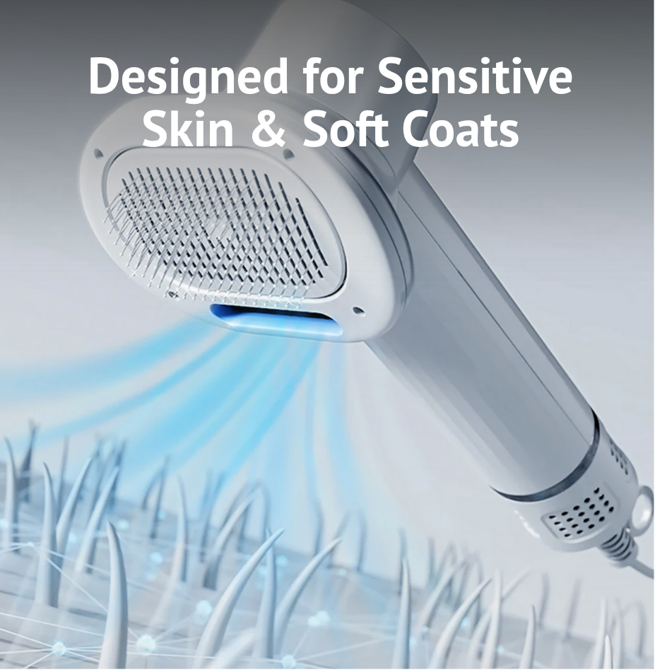 Hair dryer with text 'Designed for Sensitive Skin & Soft Coats' on a light gray background.